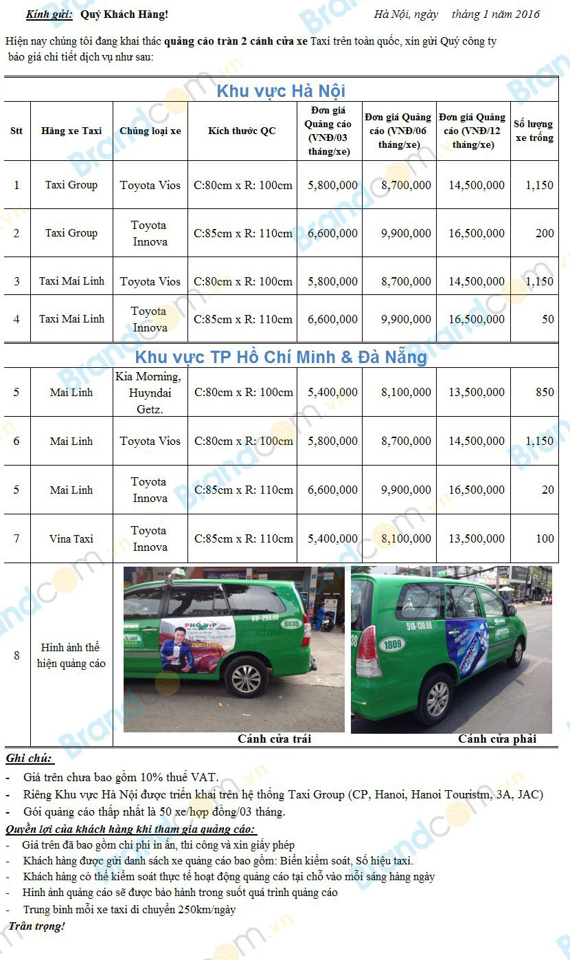 Bảng giá quảng cáo trên taxi tại Hà Nội – TP HCM